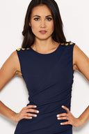 Navy Ruched Military Button Dress