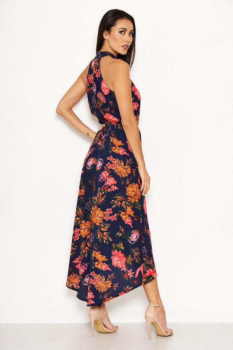 Navy Floral Cut in Neck Wrap Dress