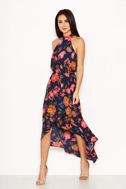 Navy Floral Cut in Neck Wrap Dress