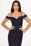 Navy Off The Shoulder Lace Midi Dress With Delicate Straps