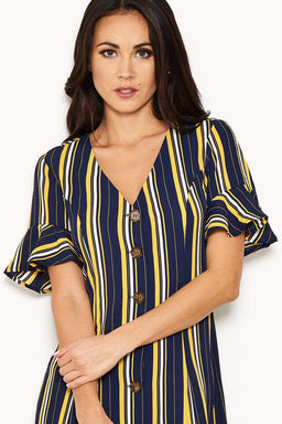 Navy Striped Print Button Up Midi Dress
