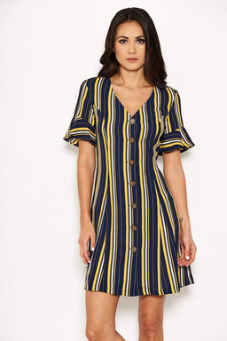 Navy Striped Print Button Up Midi Dress