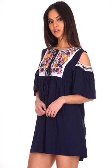 Navy Aztec Cold Shoulder Dress