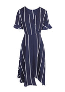 Navy Striped Asymmetric Hem Dress