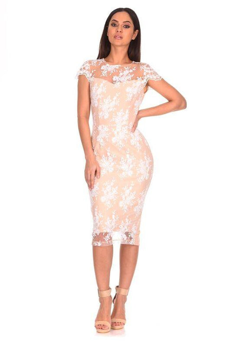 Nude Floral Lace Midi Dress