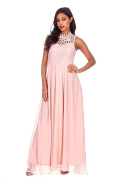 Nude High Neck Crochet Maxi Dress
