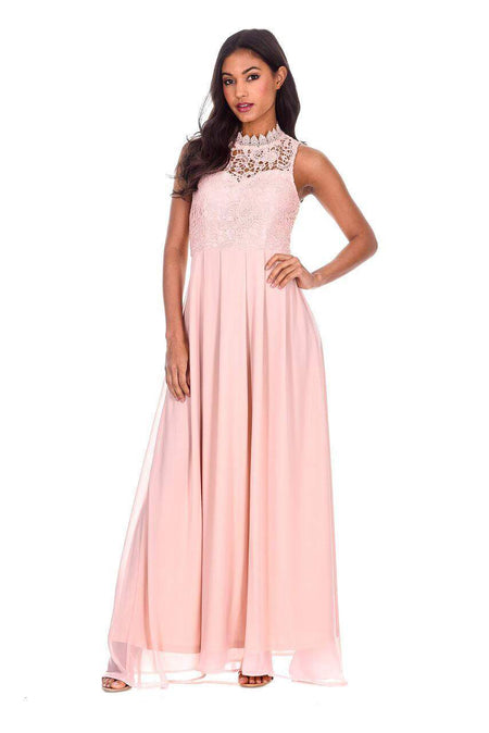 Nude High Neck Crochet Maxi Dress