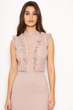 Mushroom Lace Ruffle Hem And Sleeve Dress