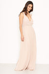 Nude Pleated Maxi Dress With Lace Straps