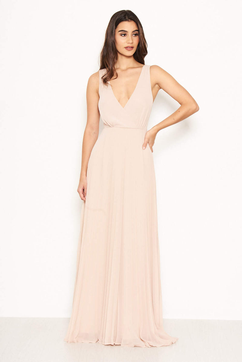 Nude Pleated Maxi Dress With Lace Straps