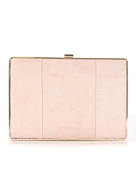 Nude Suede Box Clutch with Gold Detail