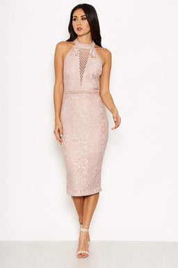 Nude Halter-Neck Lace Detail Midi  Dress