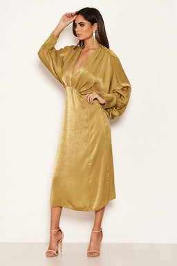 Olive Bat Wing V Neck Midi Dress