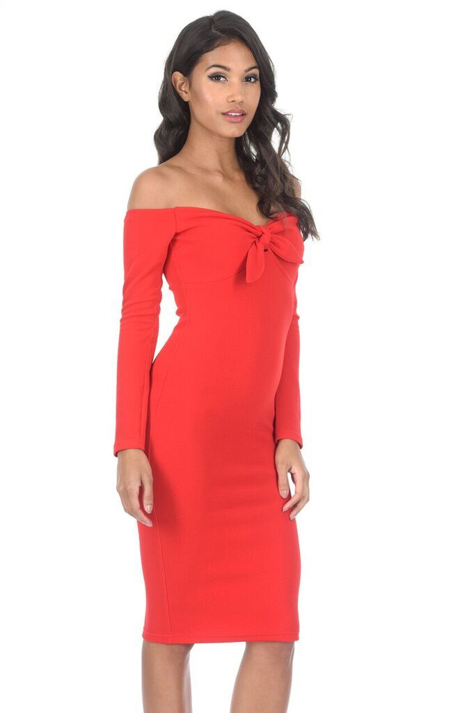 Red Off The Shoulder Midi Dress