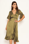 Olive Polka Dot Wrap Frill Midi Swing Dress