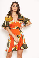 Orange Chain Print Wrap Dress