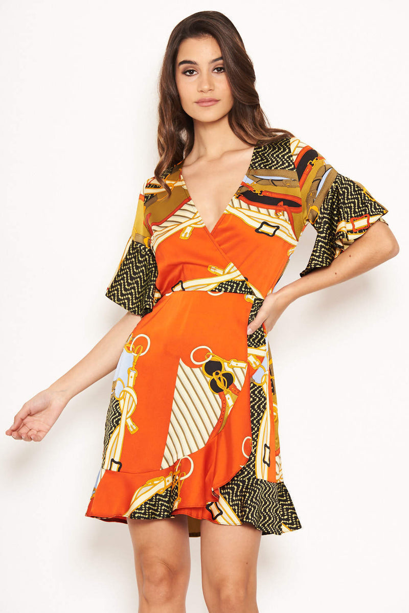 Orange Chain Print Wrap Dress