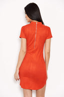 Orange Faux Suede Mini Dress with High Neck