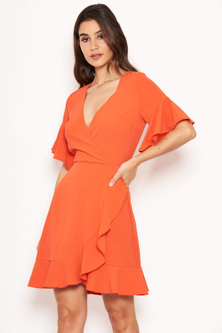 Orange Frill Detail Wrap Dress