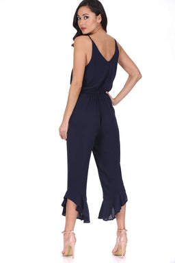 Navy High Waisted Jumpsuit With Frill Hem