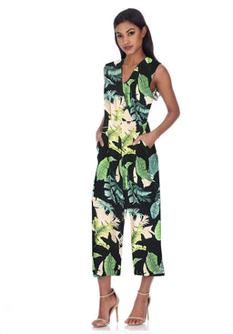 Navy Leaf Print Wrap Front Jumpsuit