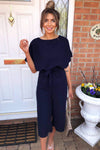 Navy Tie Waist Culotte Jumpsuit