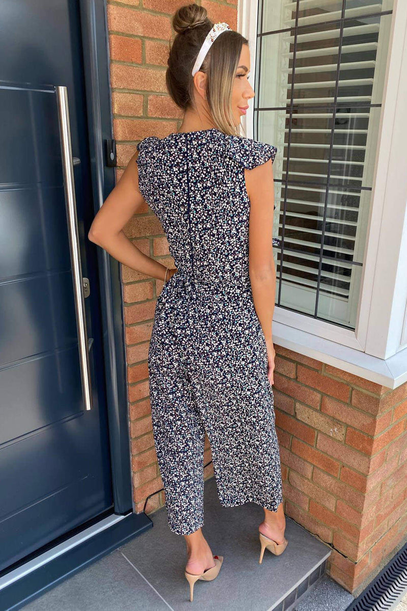 Navy Floral Frill Front Jumpsuit