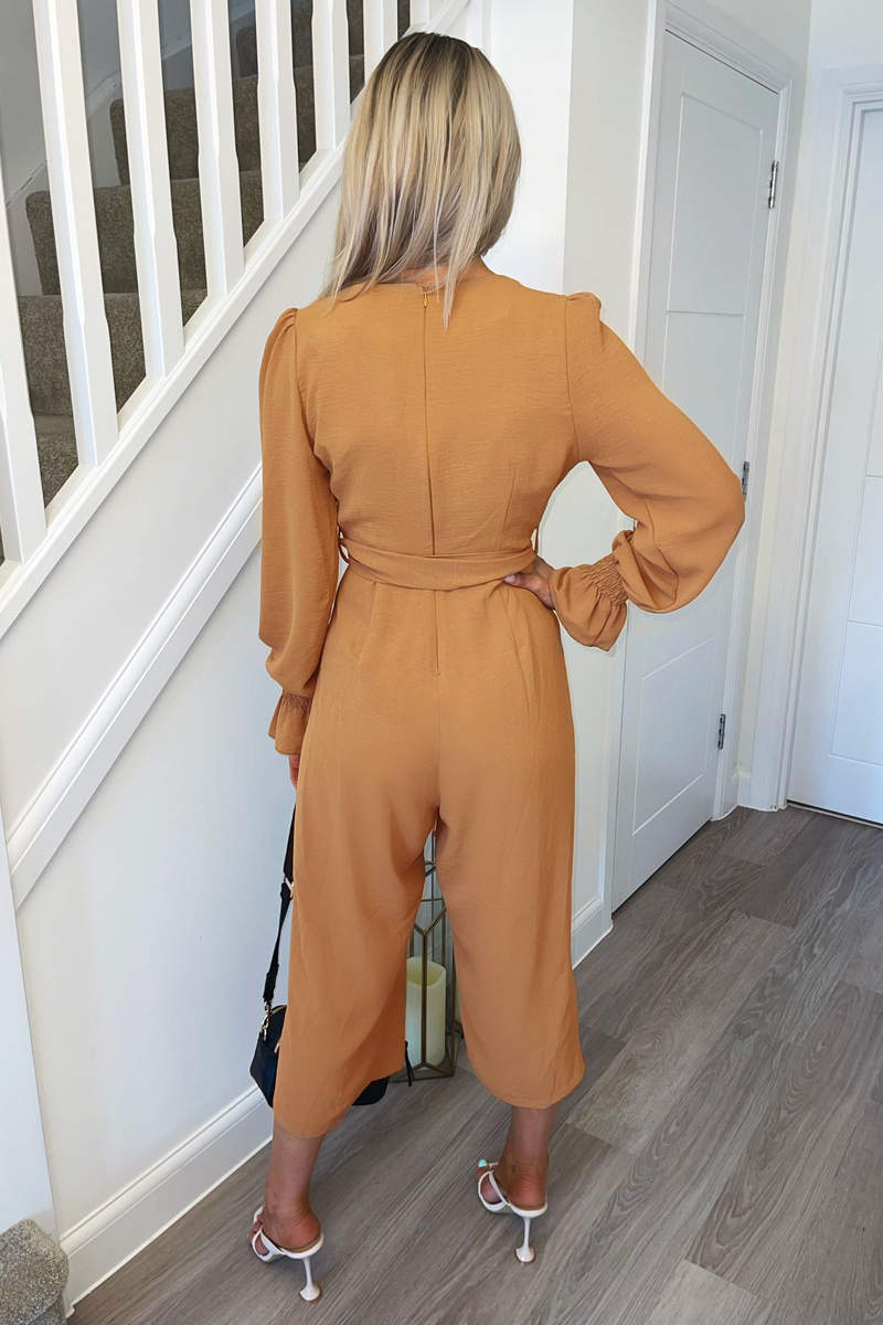 Mocha Wrap Over Elasticated Cuff Belted Jumpsuit
