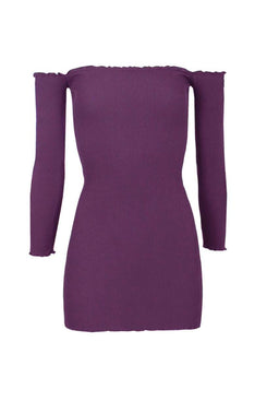 Plum Bardot Ruffle Detail Knit Dress
