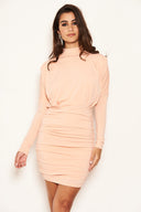 Peach Long Sleeve Back Ruched Bodycon Dress