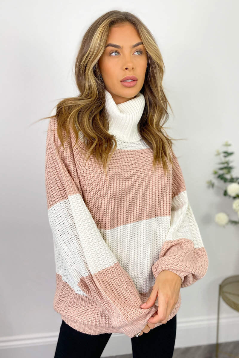 Pink And Cream Block Colour Knitted Jumper