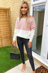 Pink And Cream Knit Off Shoulder Jumper