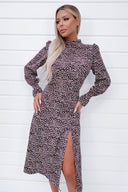 Pink Animal Print High Neck Midi Dress