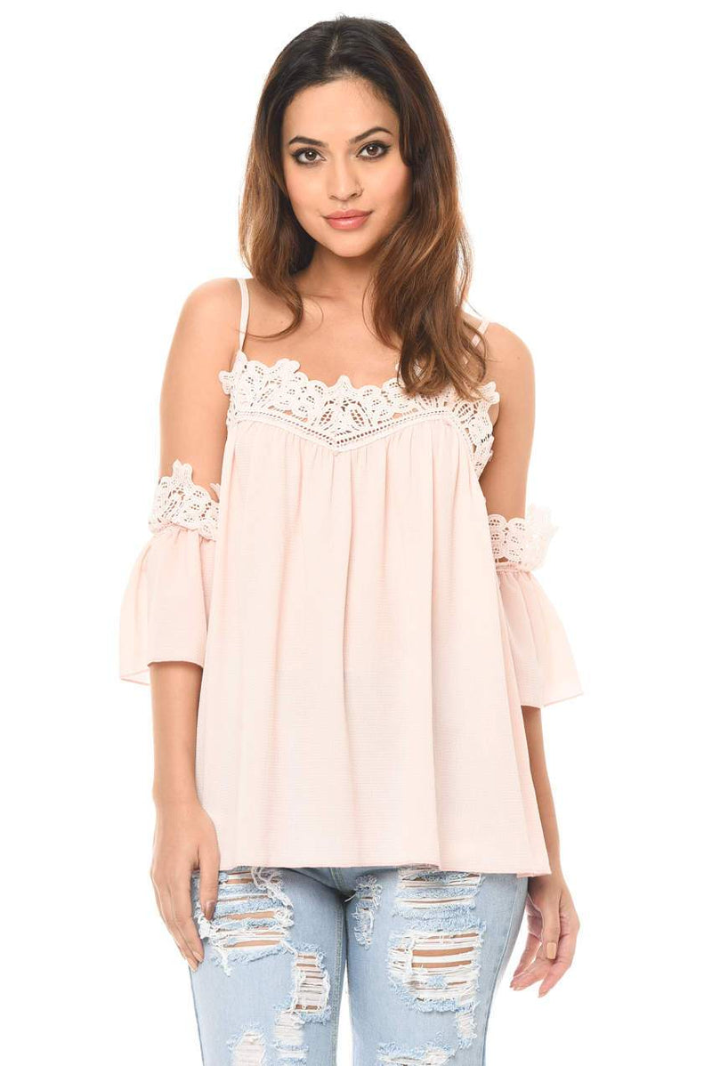 Pink Cold Shoulder Lace Detail Top