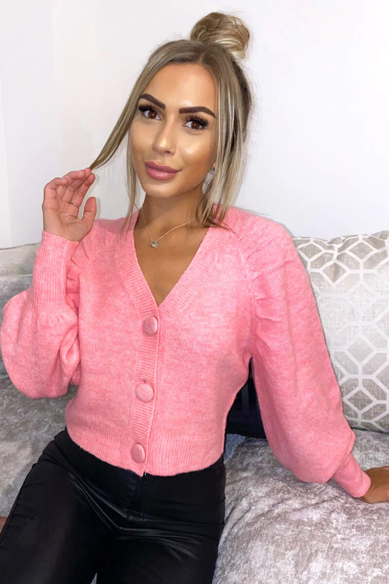 Pink Cropped Button Up Cardigan