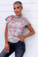 Pink Floral High Neck Frill Sleeve Top
