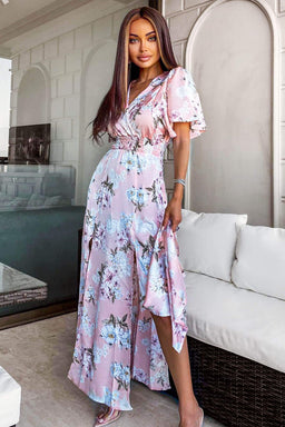 Pink Floral Side Split Maxi Dress