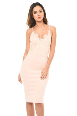 Pink Lace Detailed Midi Dress With Spaghetti Straps