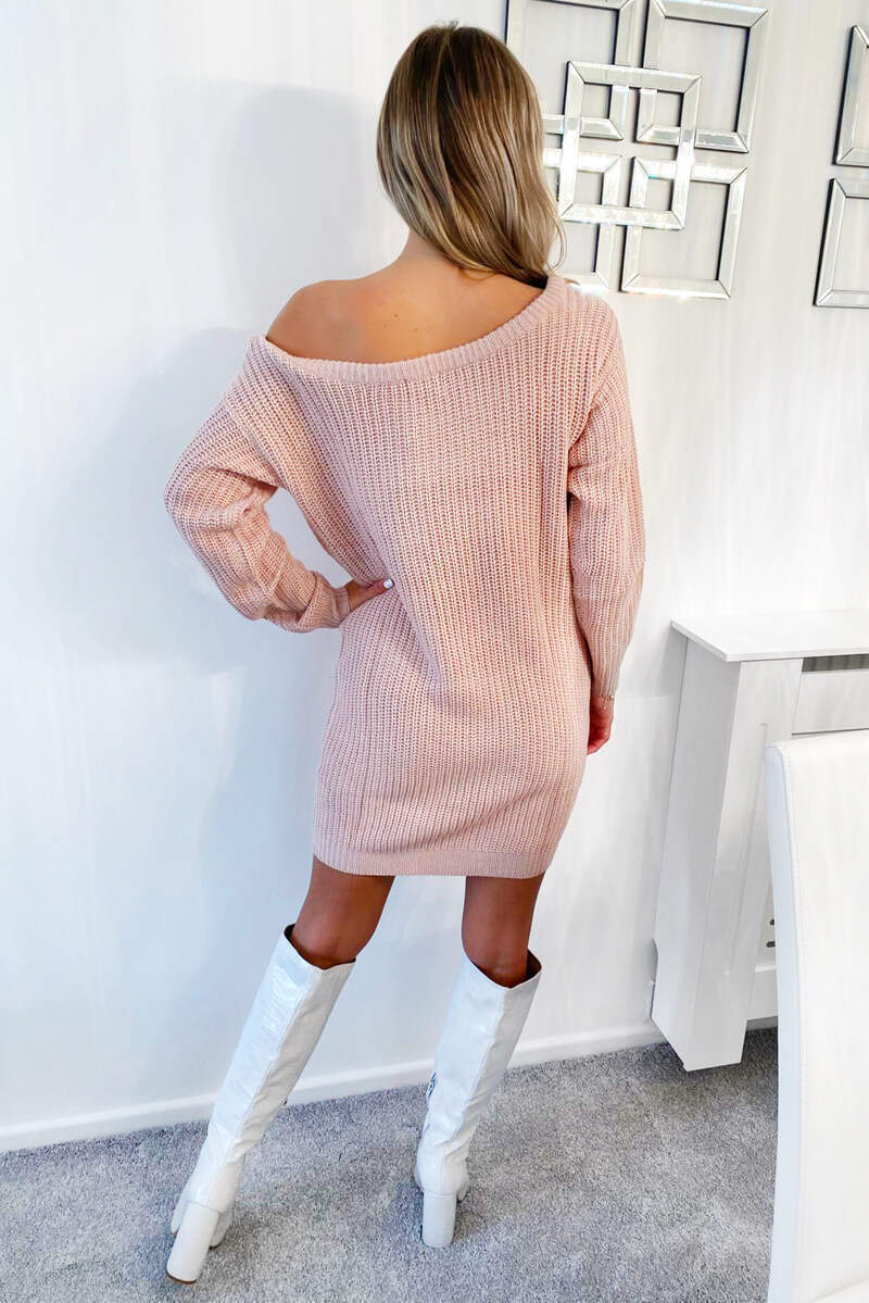 Pink Off The Shoulder Knitted Dress