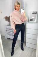 Pink Roll Neck Balloon Sleeve Knitted Jumper