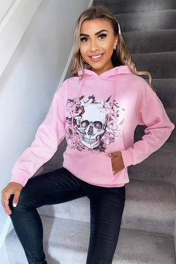 Pink Skull Printed Hoodie