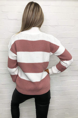 Pink Striped High Neck Knit Jumper