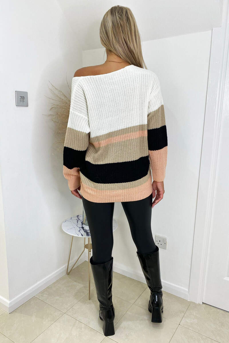 Pink V Front Colour Block Striped Knitted Jumper