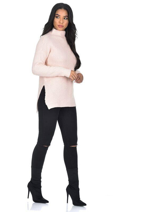 Pink High Neck Side Split Jumper