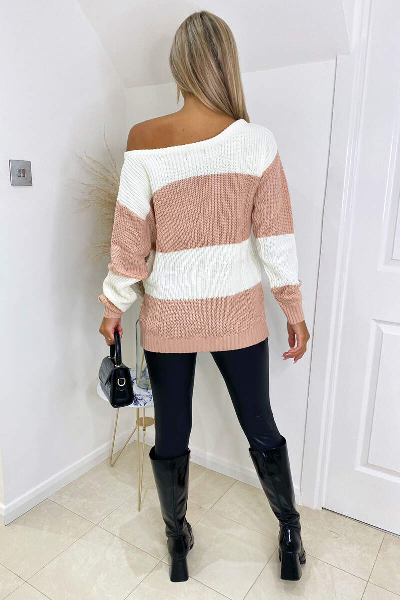 Pink and Cream Colour Block Wide Neck Knitted Jumper