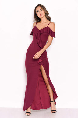 Plum Cold Shoulder Frill Detail Split Dress