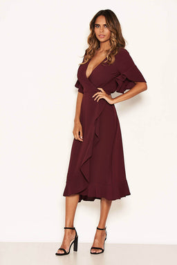Plum Midi Dress With Frill Hem And Sleeves