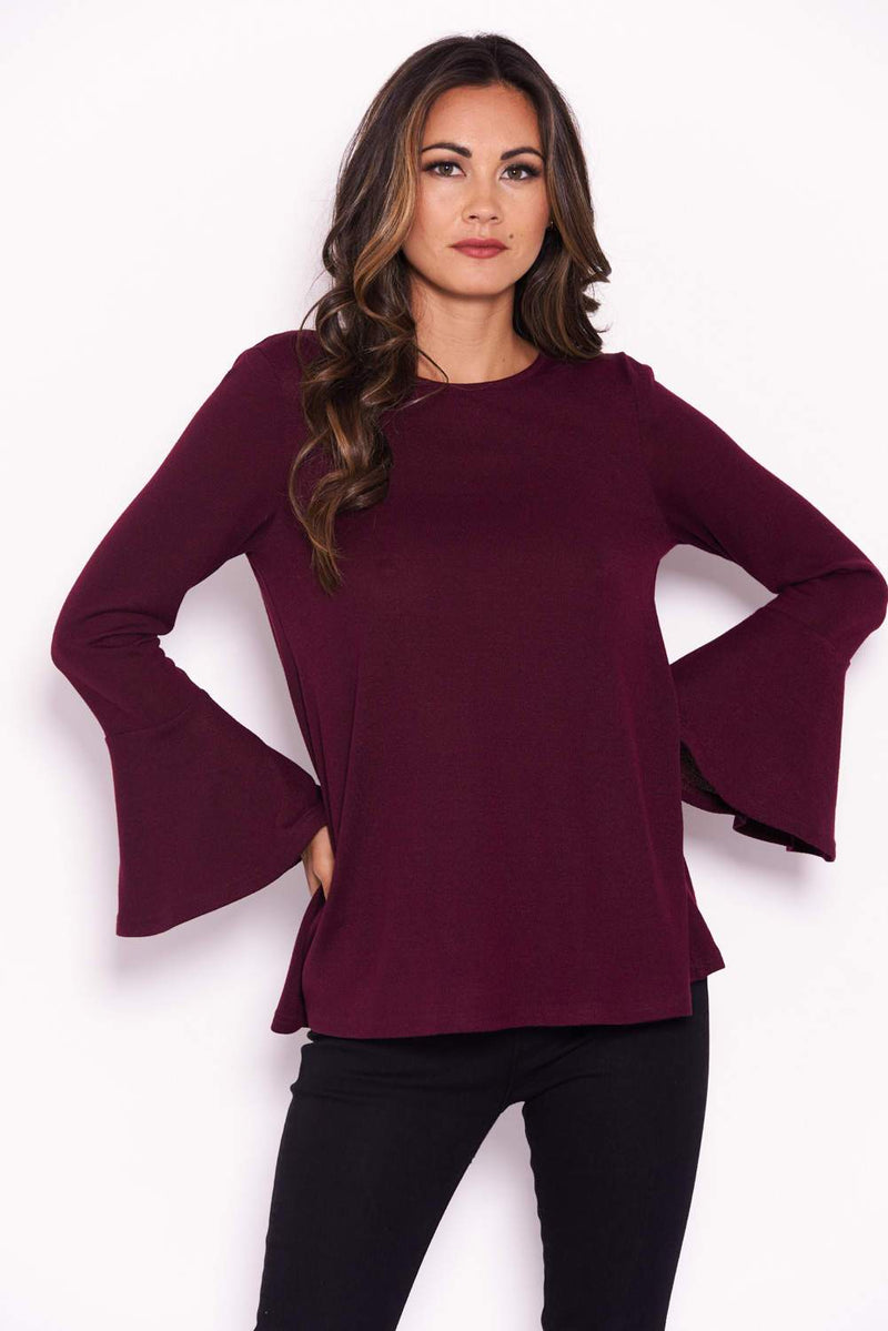 Plum Knitted Top With Frill Detailed Sleeves