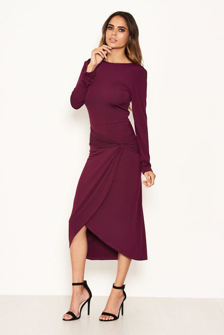 Plum Knot Front Bodycon Midi Dress
