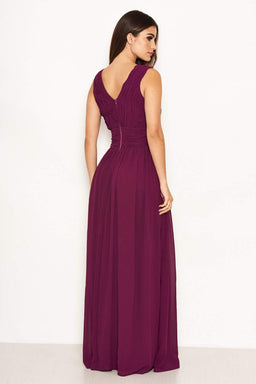Plum Pleated V Neck Maxi Dress